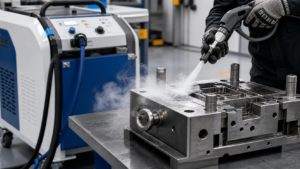 Dry ice blasting equipment cleaning an industrial metal mold for quotation checklist