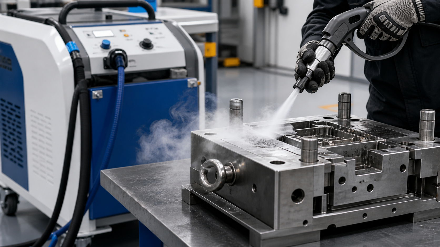 Dry ice blasting equipment cleaning an industrial metal mold for quotation checklist